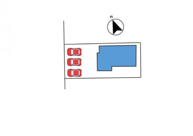 【配置図】北西道路に面したお家です。駐車は並列3台可能なスペースがあります。