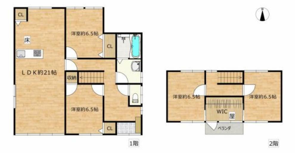 約21帖のLDKを有する4LDKの住宅です。各居室6帖以上で収納付きのため、空間にゆとりを持った住生活を実現できます。
