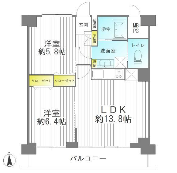 大志マンション五橋(2LDK) 6階の間取り図