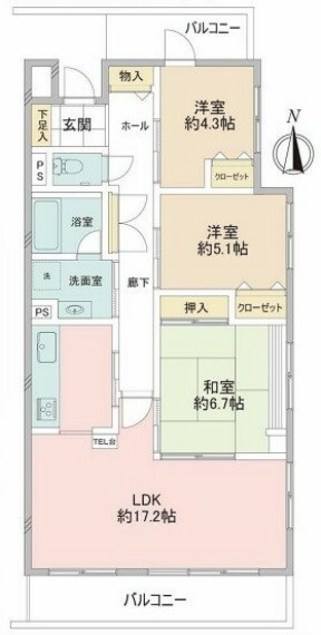 ライオンズマンション谷塚第2(3LDK) 2階の間取り図