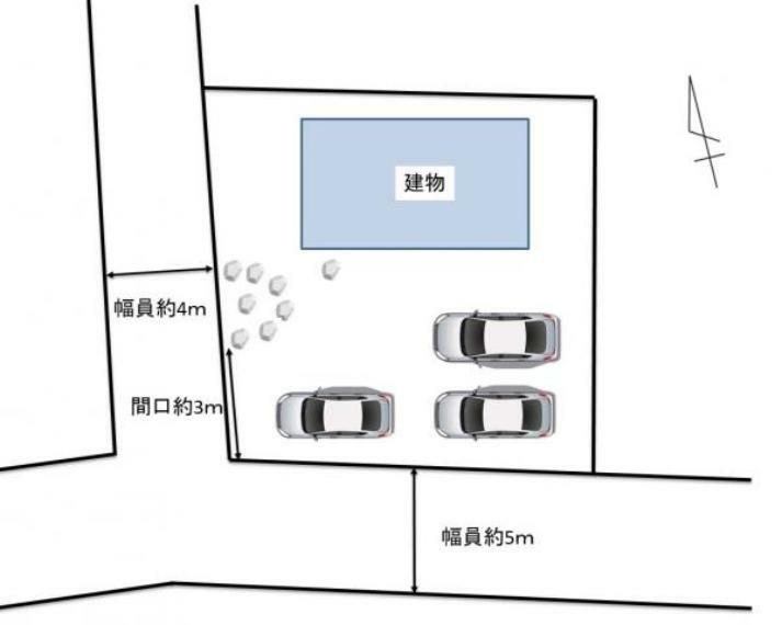 【リフォーム済】現状区画図です。門塀を一部解体し駐車場を拡張しました。3台駐車可能です。