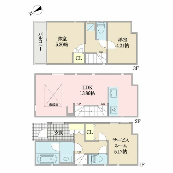 2LDKプラスサービスルーム付でお荷物が多くても安心です。リビングには床暖房付でほっこりできます。