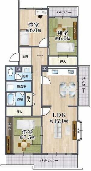 若山台第3住宅15号棟(3LDK) 5階の間取り図