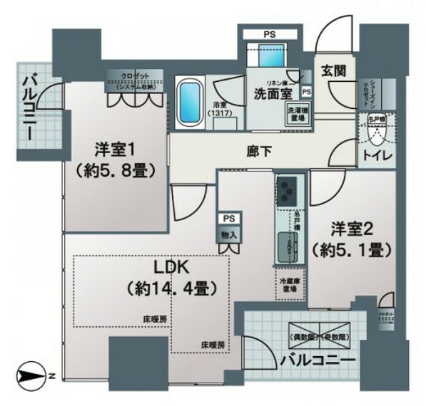 ローレルタワー御堂筋本町(2LDK) 3階の間取り図