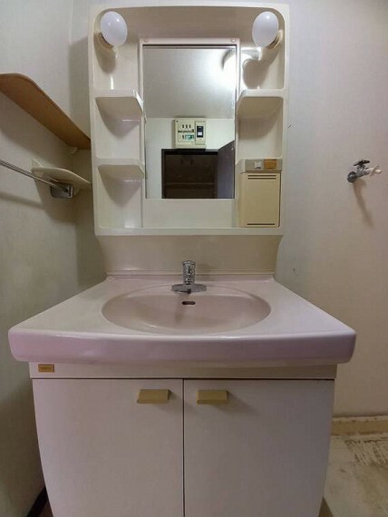 癒しの空間を演出するピンクの洗面化粧台。洗面所周りの物の収納に便利な、棚がございます。