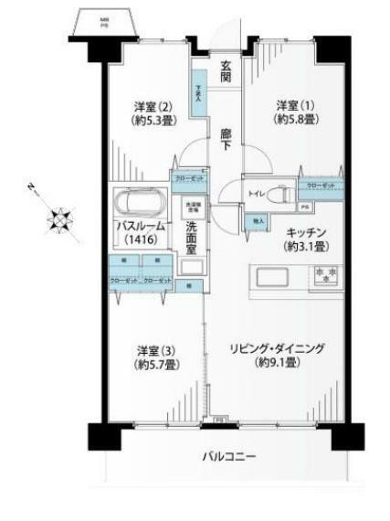 東急ドエルアルス横浜蒔田(3LDK) 5階の内観