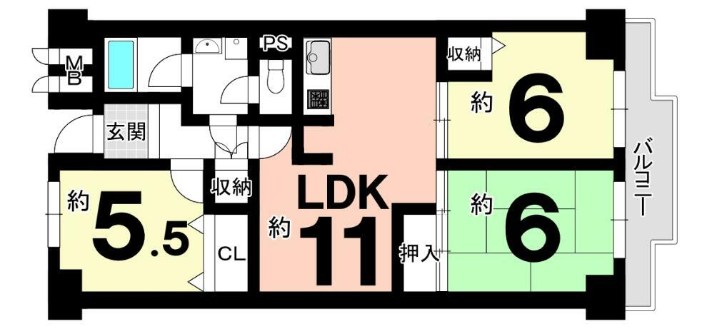 ユニ宇治マンション1号館(3LDK) 2階の間取り図
