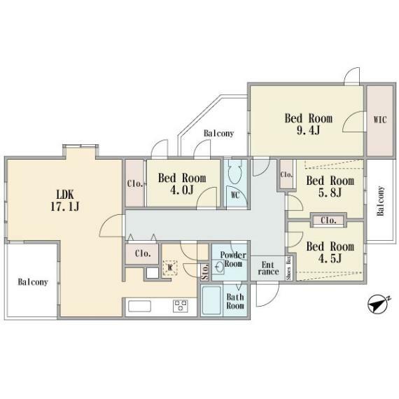 最上階の南西向き角部屋です　間取りは4LDK　2面バルコニー　独立キッチン　LDK17.1帖　主寝室9.4帖　ウォークインクロゼット　エレベータ有り　新耐震基準　現況空室です