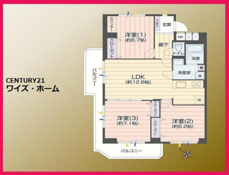 東武西新井東口サンライトマンション(3LDK) 9階の間取り図