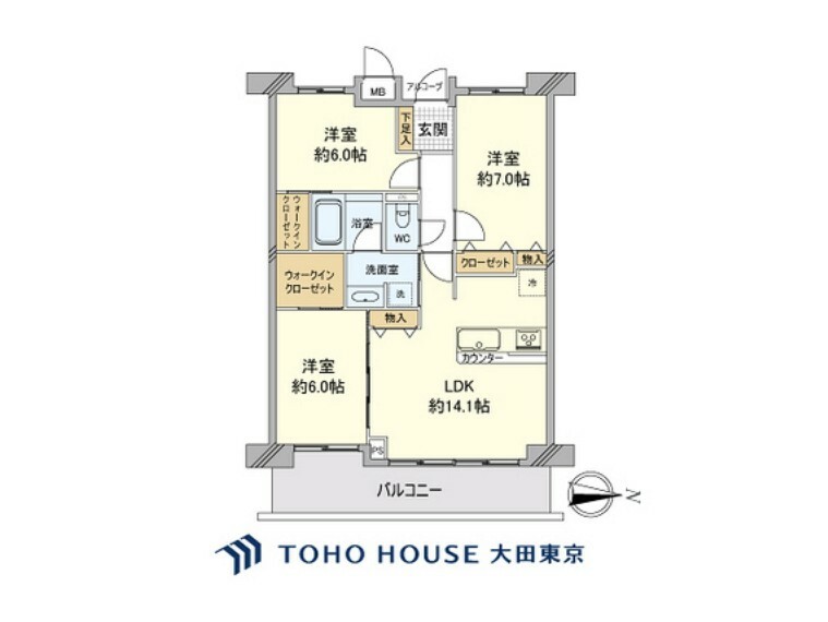 3LDK、専有面積73.37m2、バルコニー面積11.78m2