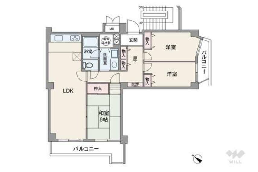 間取りは専有面積81.05平米の3LDK。バルコニーが2面にあり、全部屋がバルコニーに面したプラン。LDKと和室が続き間で繋げて利用できる造りです。和室は廊下からも出入りが可能。各個室に収納付き。
