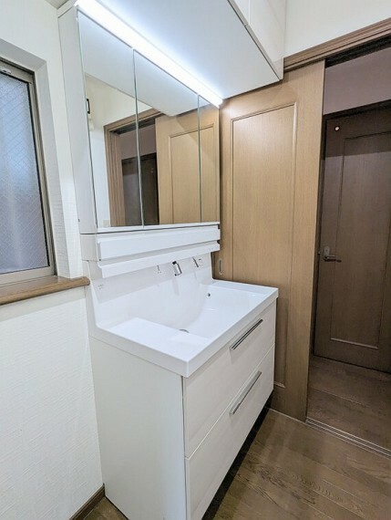 シャワー水栓つき三面鏡独立洗面台になります。