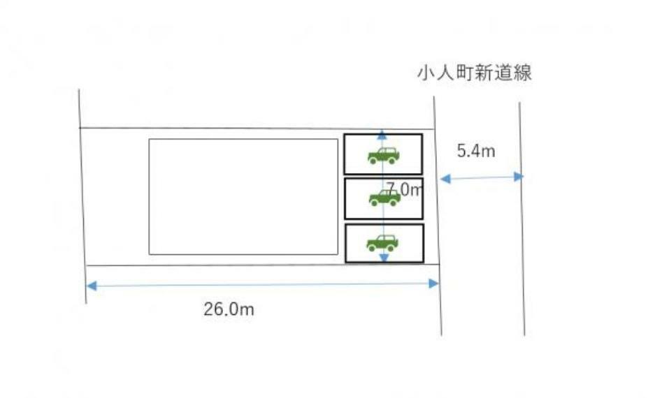 【区画図】駐車は合計3台可能です。前面道路は5.4mあるため、車の出し入れには困りません。
