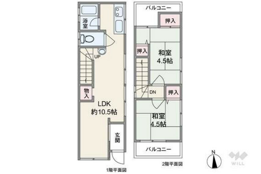 2LDK。南側接道につき、採光良好です。間取りは延床面積46.07平米の2LDK。廊下が短く居住空間を広く確保したプラン。リビング階段仕様で家族の動きがわかって安心です。