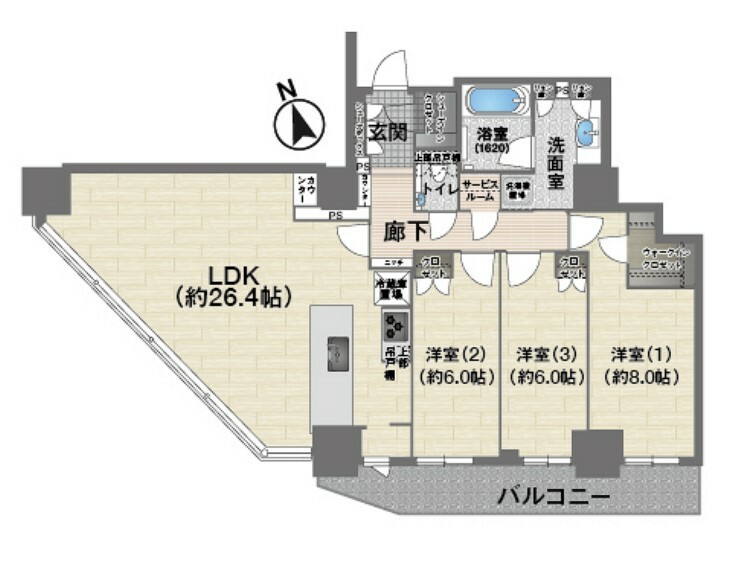 リバーガーデンタワー上町台筆ヶ崎(3LDK) 24階の間取り図