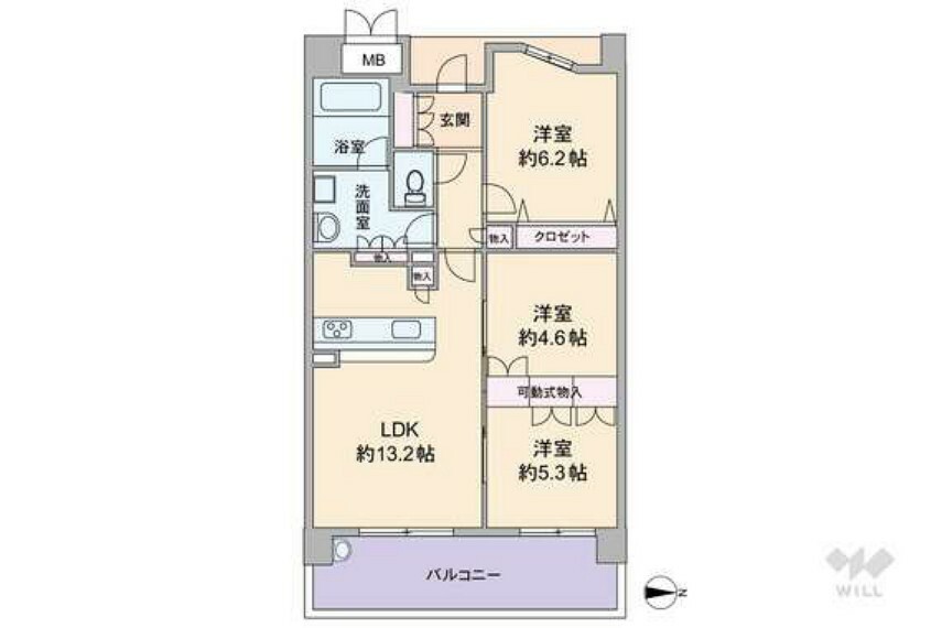 間取りは専有面積66.00平米の3LDK。LDKは約13.2帖、キッチンはカウンタータイプで、家事をしながら家族とコミュニケーションが取りやすい配置です。各居室も使いやすい広さとなっております。