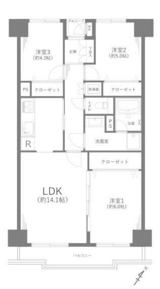 サニーハウス読売ランド(3LDK) 5階の間取り図