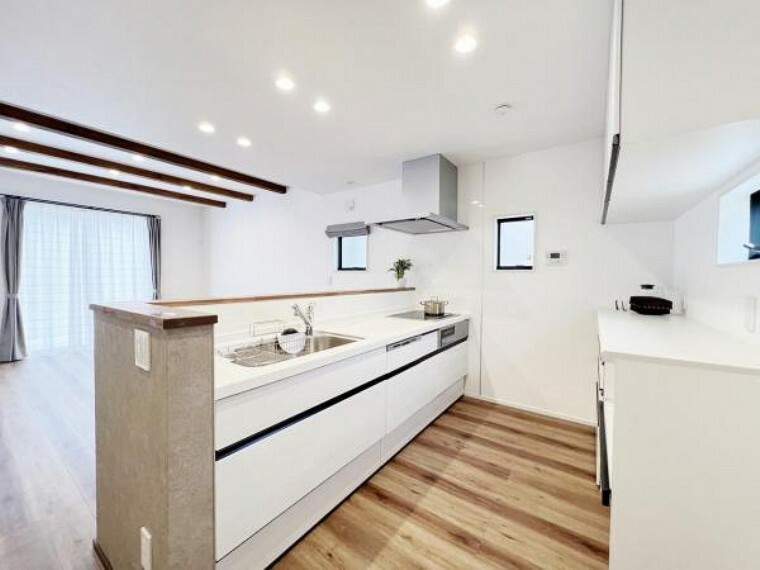 キッチン背面には食器類や調理家電の収納に便利な棚があり、作業スペースも確保できます。