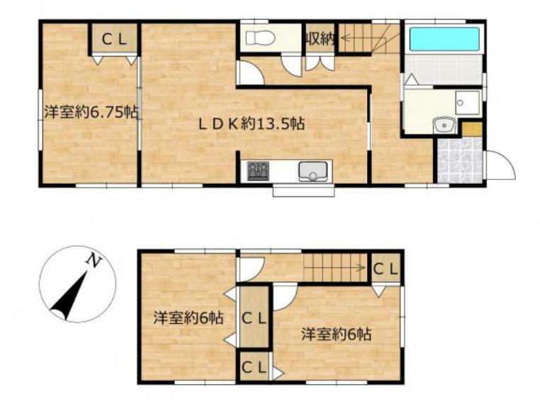 【間取図】リビング横洋室を開けることで、約20.25帖の広々とした空間としてもお使いいただける3LDKです。各居室に収納を新設し、居室空間にゆとりを持てるよう仕上げています。