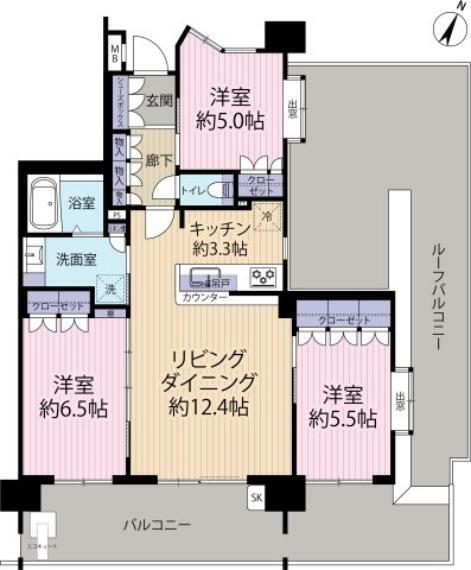 南東側3部屋、約8.9mのワイドスパンの間取り。リビング隣の6.5帖洋室を繋げてご使用も可能です。