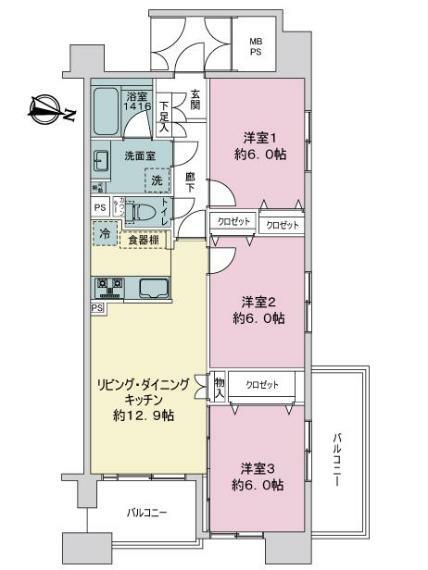 ライオンズプラザ平塚見附町(3LDK) 5階の間取り図