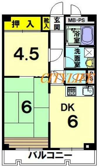 嵯峨ハイツ(2DK) 2階の間取り図
