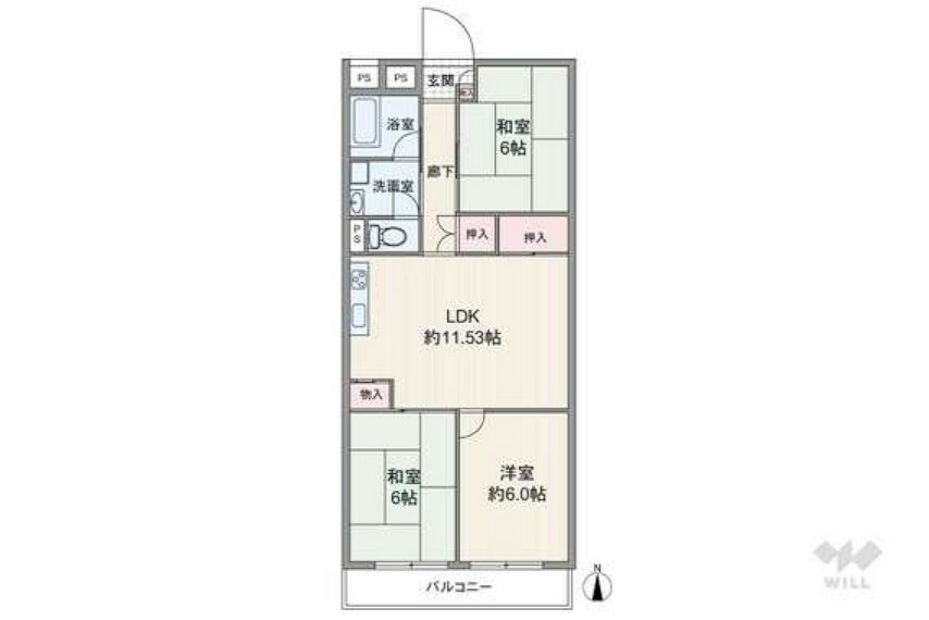 間取りは専有面積63.52平米の3LDK。個室2部屋がバルコニーに面したセンターリビングのプラン。全居室6帖以上の広さが確保されています。バルコニー面積は6.6平米です。