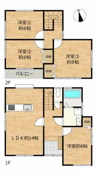 【間取り図】1階に独立した一部屋があります。お風呂・洗面は一坪サイズ、対面キッチンのLDK、3部屋洋室があり、戸建てに求める条件の多くをそろえています。