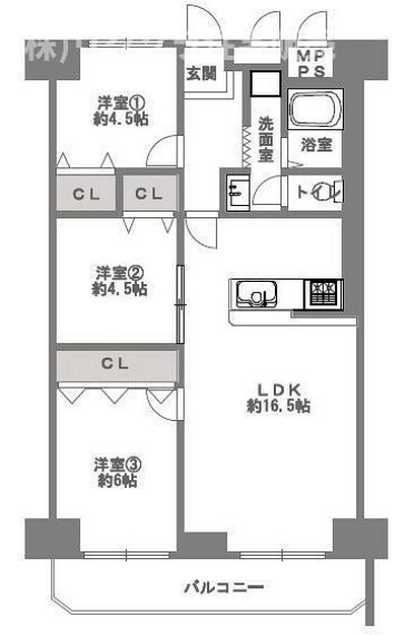 牧野駅前ハイツ(3LDK) 13階の間取り図