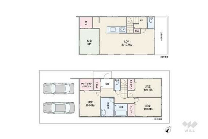全居室6帖以上、お車2台並列駐車可能のゆとりある設計。2階リビングタイプで明るいお住まいです。