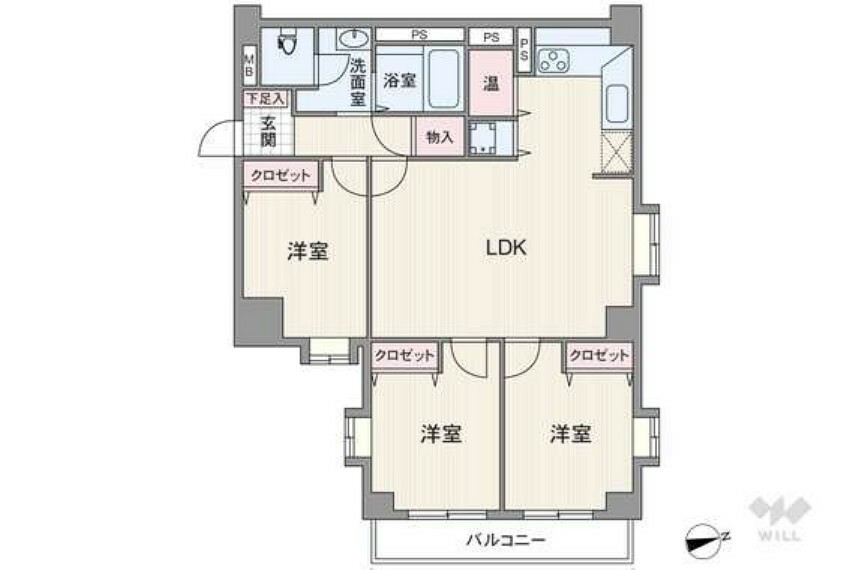 全居室洋室仕様のプラン。個室3部屋中2部屋はLDKを通って出入りする造りで、その2部屋がバルコニーに面しています。バルコニー面積は5.94平米。トイレは洗面室内に配置されています。