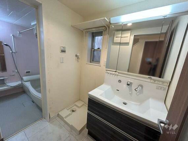 お掃除のしやすいハイバックタイプのシャワー付き洗面台。三面鏡で収納も充実しています。