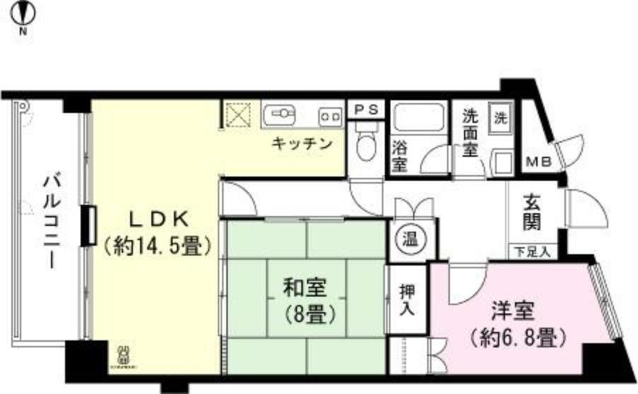 和室8畳　洋室約6.8畳　LDK約14.5畳