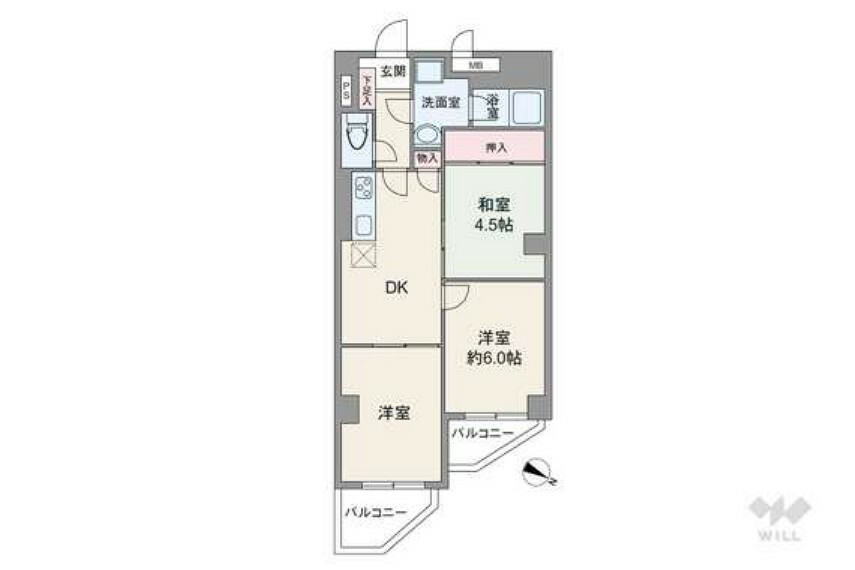 間取りは専有面積54.44平米の3DK。全ての個室にはDKを通ってアクセスする家族が顔を合わせやすいプラン。バルコニーは2か所あり面積は5.26平米です。