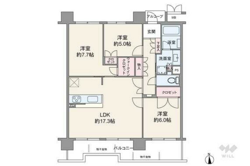 間取りは専有面積79.64平米の3LDK。LDK約17.3帖のプラン。バルコニー面積は13.79平米です。