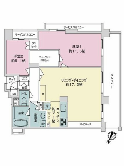 パレスエクセル新神戸(2LDK) 8階の内観