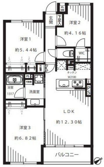 コスモ朝霞(3LDK) 3階の間取り図