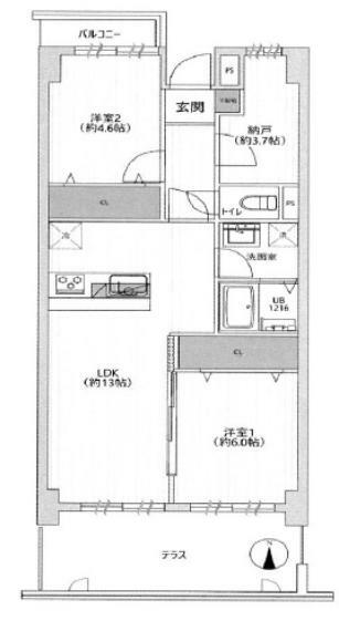 梶ヶ谷スカイマンション(2LDK) 1階の間取り図