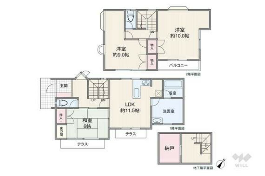 和室は玄関から他の居室を通らずにアクセスできるため、客間としても利用しやすい部屋です。2階の洋室2部屋は約9.0帖、約10.0帖と、どちらも広さにゆとりあり。地下階に納戸があるのもポイントです。