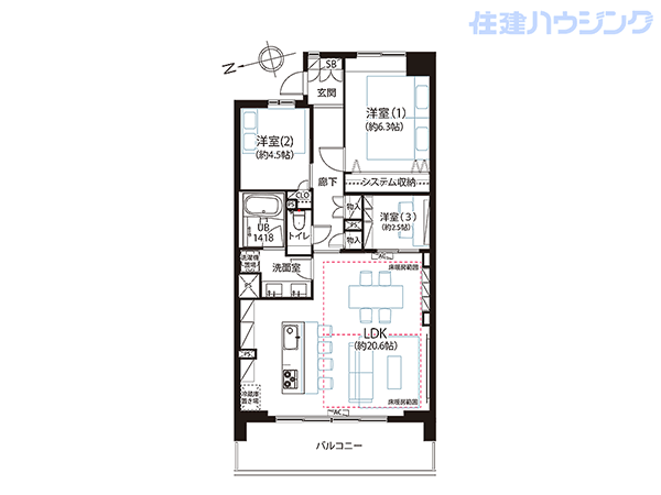 神楽坂アインスタワー(3LDK) 18階の間取り図