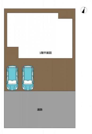 【区画図】区画図写真です。お車並列2台分御座います。前面道路は約6m広さがあり駐車が苦手な方でもゆとりをもって駐車が可能です。