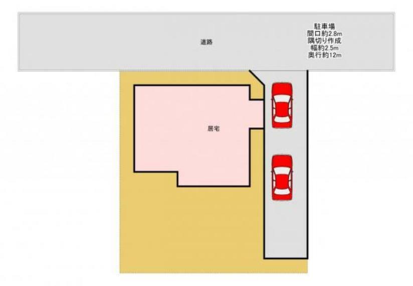 【区画図】現状縦列二台駐車可能です。（車種制限あり）カーポート付になります。