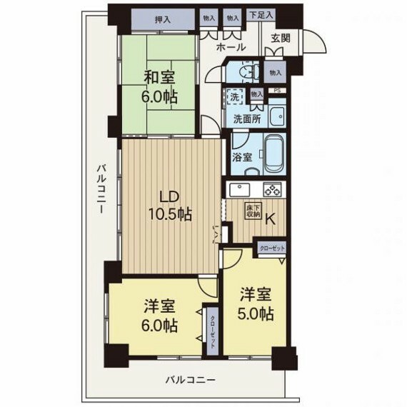 【間取り図】南西角部屋の為、陽当たり通風良好です。L型のバルコニーがとても開放的です。