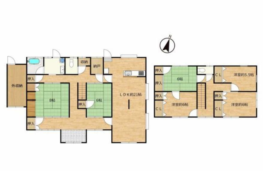 【間取図】間取図です。6SLDKと部屋数が豊富な住宅です。大人数での暮らしや、少人数でもその他の部屋をさまざまな用途に使えて良いですね。