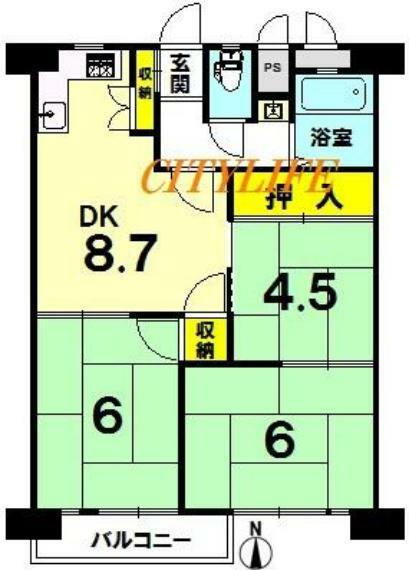 九条住宅B棟(3DK) 5階の間取り図