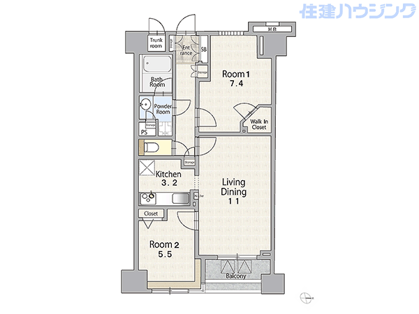 東新宿レジデンシャルタワー(2LDK) 2階の間取り図