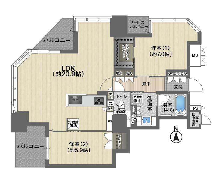 ブランズタワー大阪本町(2LDK) 28階の間取り図