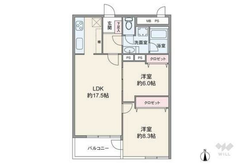 間取りは専有面積68.94平米の2LDK。室内廊下が短く居住スペースを優先したプラン。全個室6帖以上・LDK約17.5帖の広さを確保しています。