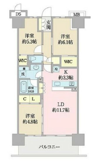 3LDK、5690万円、専有面積70.80m2、バルコニー面積11.40m2、12階部分、西向き、2019年6月築。