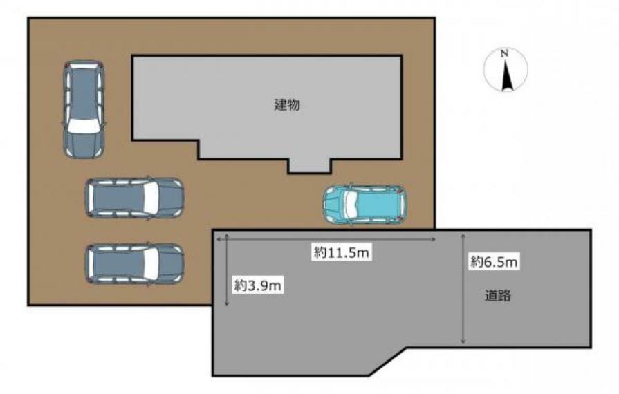 区画図です。お車はこのように敷地内に4台駐車可能です。お車のサイズによって停め方が異なりますのでぜひ現地でご確認ください。